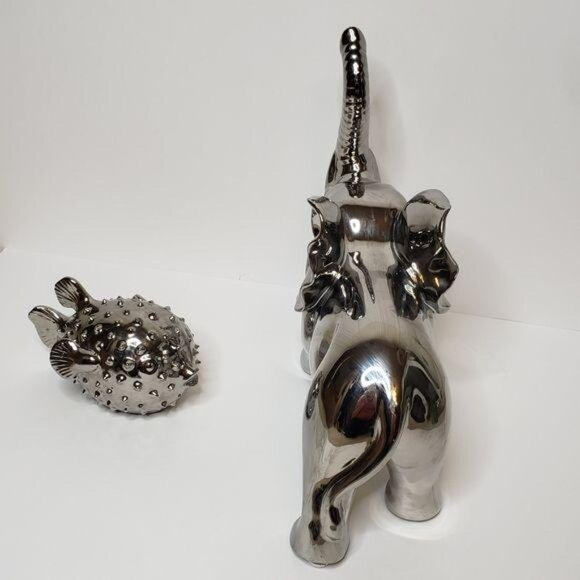 Silver Elephant & Puffer Fish Figurines Decorative Set - Picture 3 of 12